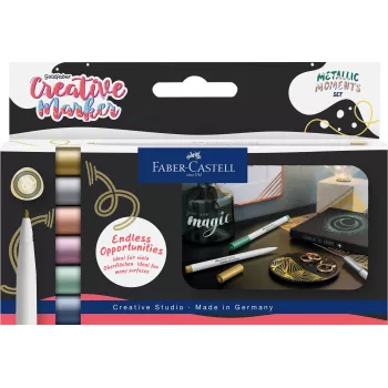 Faber-Castell Creative Marker Goldfaber Metallic Moments, 6 gabalu komplekts, ūdens bāzes tinte, bez smaržas, nenotriecas, dažādas metāliskas krāsas 161107