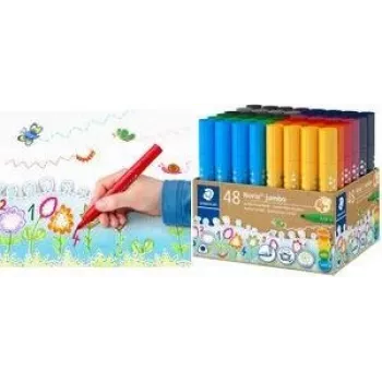 STAEDTLER Noris Jumbo 328-B KP48 flomāsteri, 48 dažādas krāsas, 3,0 mm šķiedras uzgalis, trīsstūrveida korpuss, mazgājams tintes, ventilēts vāciņš, atkārtoti lietojams trauks