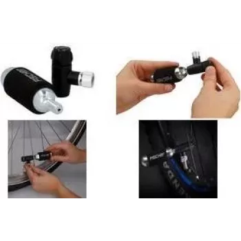 FISCHER velosipēda rokas sūknis ar CO2 inflatoru, universāla ventiļu galva Schrader, Dunlop, Presta, 8 bar, melns/sudrabs 50392