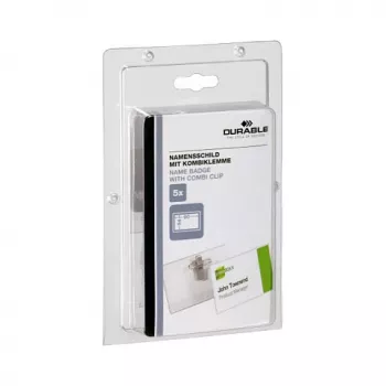 DURABLE Vārda nozīmītes turētājs 90x54 mm ar kombinēto klipsi, caurspīdīgs, 5 gab. (861019)