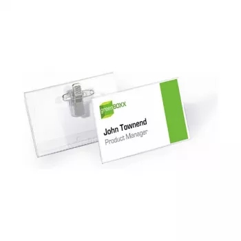 DURABLE Vārda nozīmītes turētājs 90x54 mm ar kombinēto klipsi, caurspīdīgs, 5 gab. (861019)