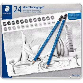 STAEDTLER Mars Lumograph 100 G24 zīmuļu komplekts zīmēšanai, 24 dažādas cietības pakāpes metāla kārbā, zili sešstūra formas