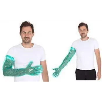 HYGOSTAR SOFTLINE LONG PLUS LDPE vienreizlietojamie cimdi, zaļi, viens izmērs, elastīga aproce pie augšdelma, gludi un mīksti, 1 gabals 2621