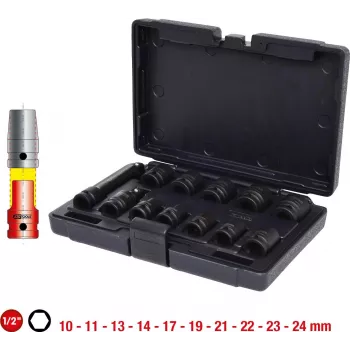 KS TOOLS 1/2 inch sešstūra trieciena uzgaļu komplekts, īsie, 12 gab. (515.0112)