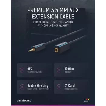 CLICKTRONIC MP3 audio pagarinājuma kabelis 3.5mm stereo jack spraudnis uz ligzdu 1.5m melns