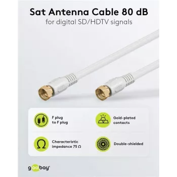 Wentronic Goobay SAT savienojuma kabelis, 100% ekranēts, zelta pārklājums, balts, 7,5 m - F-kontaktdakša uz F-kontaktdakšu (67294)
