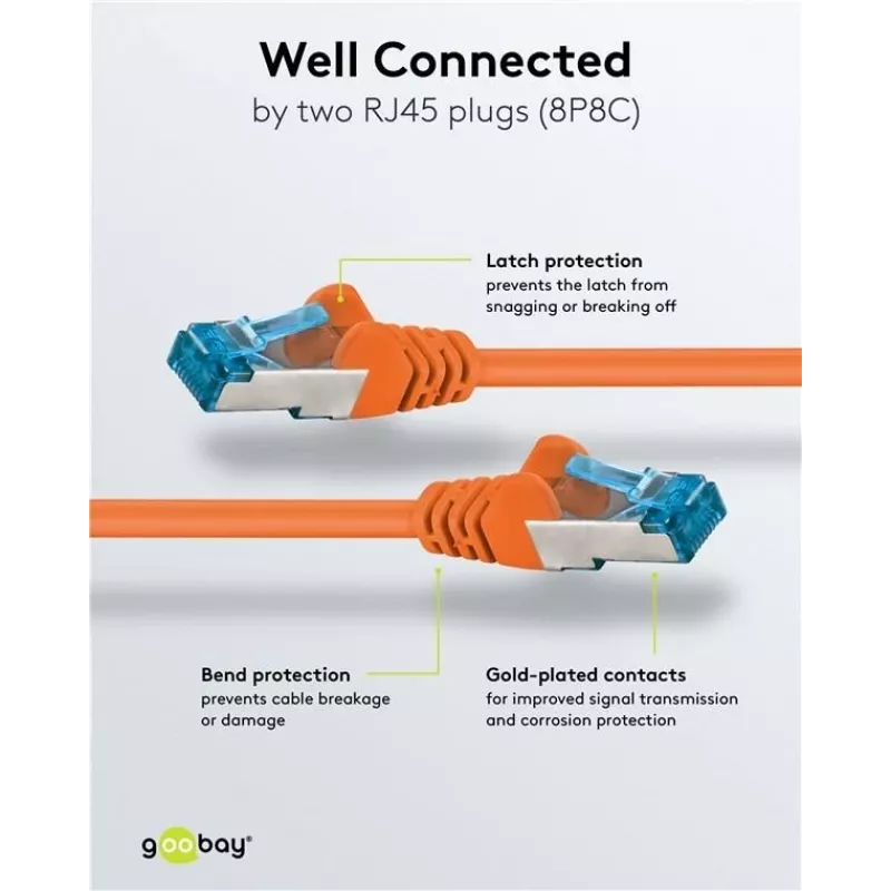 Wentronic CAT6a S/FTP tīkla kabelis, RJ45 tēviņš uz tēviņu, 1,5 m, oranžs, LSZH, 10 Gbps, 500 MHz 95605