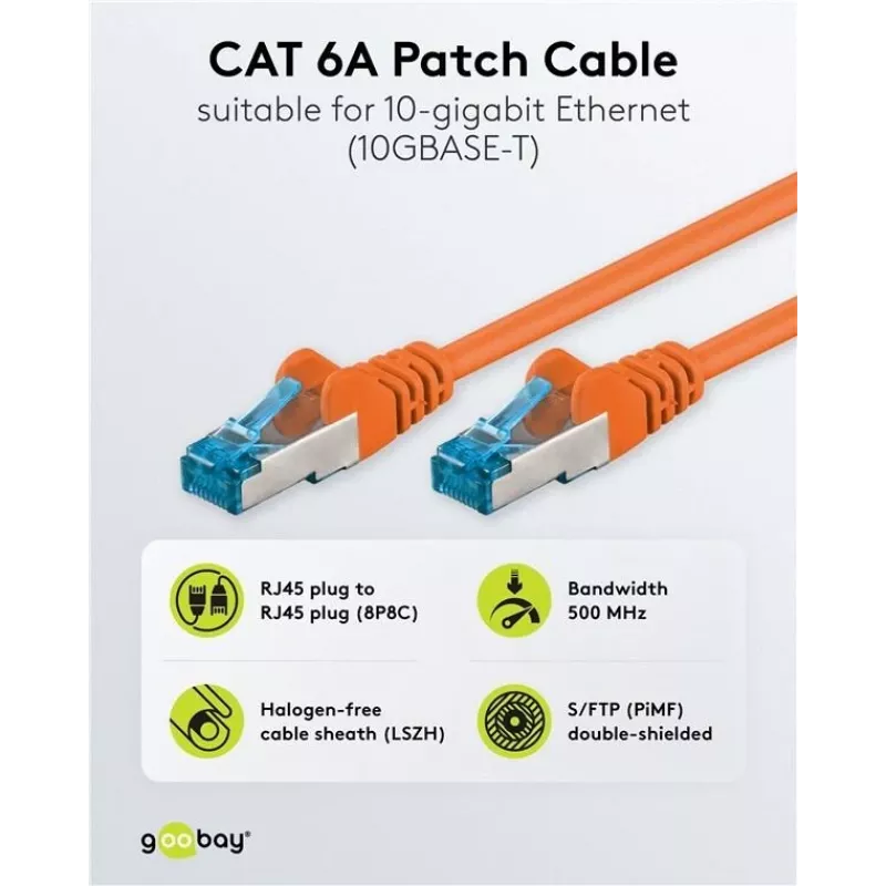 Wentronic CAT6a S/FTP tīkla kabelis, RJ45 tēviņš uz tēviņu, 1,5 m, oranžs, LSZH, 10 Gbps, 500 MHz 95605