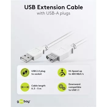 Wentronic USB 2.0 pagarinājuma kabelis, A vīrišķais uz A sievišķo, 5m, balts, 96288