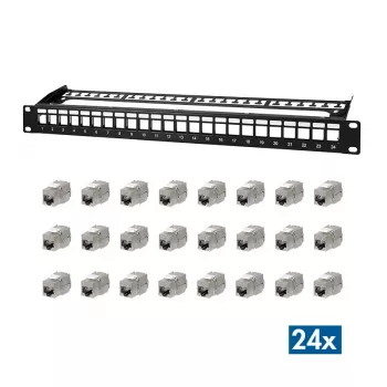 LogiLink PrimeLine 24 portu ekranēts Cat.6A Keystone patch panelis, 19 collu 1U, melns (RAL9005), iekļauti 24x Keystone moduļi NK5001