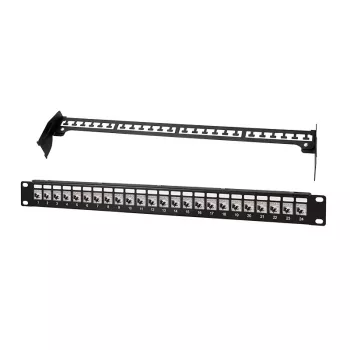 LogiLink PrimeLine 24 portu ekranēts Cat.6A Keystone patch panelis, 19 collu 1U, melns (RAL9005), iekļauti 24x Keystone moduļi NK5001