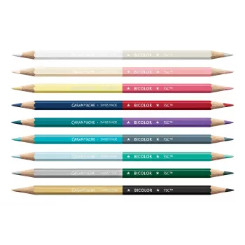 CARAN D'ACHE Bicolor Alpine Frost ūdenī šķīstošu krāsaino zīmuļu komplekts, 9 zīmuļi (18 krāsas) + otiņa, metāla kārba CC0999.025