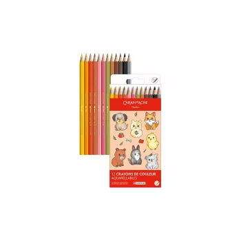 CARAN D'ACHE Swisscolor Kawaii Animals akvareļu krāsu zīmuļi, 12 gab. komplekts, ciedra koks, sešstūraina forma 1285.803