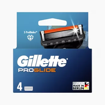 Gillette ProGlide vīriešu skūšanās asmeņu uzlikas, 4 kasetnes, 5 pretberzes asmeņi + precīzijas trimeris, Lubrastrip, savietojamas ar Fusion5 rokturiem 8001090456366