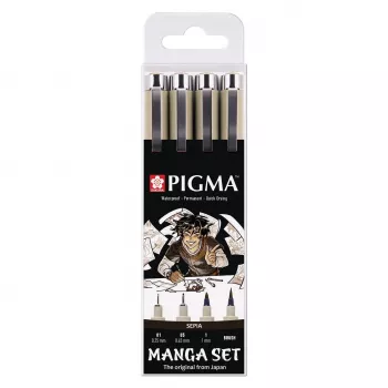 SAKURA Pigma Micron Manga Set Sepia 4 daļu finilaineru un otas pildspalvu komplekts ar atkārtoti lietojamu maciņu POXSDKMAN4