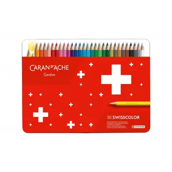 CARAN D'ACHE Swisscolor ūdensizturīgas krāsainās zīmuļi, 30 dažādas krāsas, ciedra koks, sešstūra forma, metāla kārba 1284.730