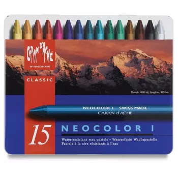 Caran d'Ache Neocolor I vaska pastelis, 15 dažādas krāsas, apaļas, papīra ietvarā, metāla kārbā 7000.315