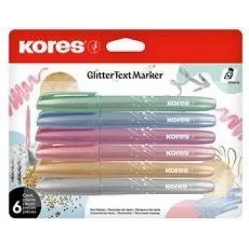 Kores Glitter marķieru komplekts, slīpais gals 3-5 mm, 6 luminiscējošas glitter krāsas, uz ūdens bāzes, ātri žūstošs, nesmērējošs, ventilējošs vāciņš, netoksisks TM36300