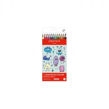Caran d'Ache Swisscolor Kawaii Monsters ūdenī šķīstošie krāsainie zīmuļi, 12 gab. komplekts, sešstūra formas ciedra koka 1285.801