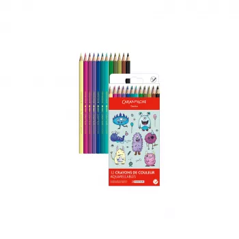 Caran d'Ache Swisscolor Kawaii Monsters ūdenī šķīstošie krāsainie zīmuļi, 12 gab. komplekts, sešstūra formas ciedra koka 1285.801