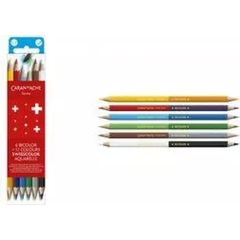 Caran d'Ache Swisscolor Bicolor Aquarelle ūdenī šķīstošie krāsainie zīmuļi, 6 divpusējie zīmuļi = 12 krāsas, sešstūra formas, FSC ciedrs 1285.706