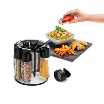 Metaltex Spice 8 rotējošs garšvielu statīvs, apaļš, melns, ar 8 tukšām stikla burciņām 252876080