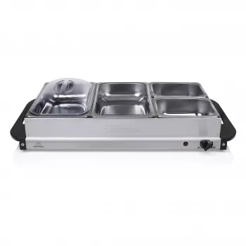 Tristar BP-6285 Bufetes sildītājs ar 3 x 2,5L nerūsējošā tērauda sildīšanas pannām, 300W, regulējams termostats, caurspīdīgi vāki, neslīdošas kājiņas