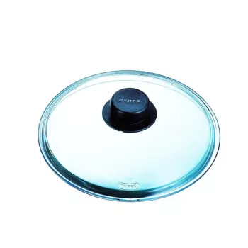 PYREX stikla vāks 24 cm, borosilikāta stikls, melns fenola rokturis, tvaika atvere, izturīgs līdz 220°C