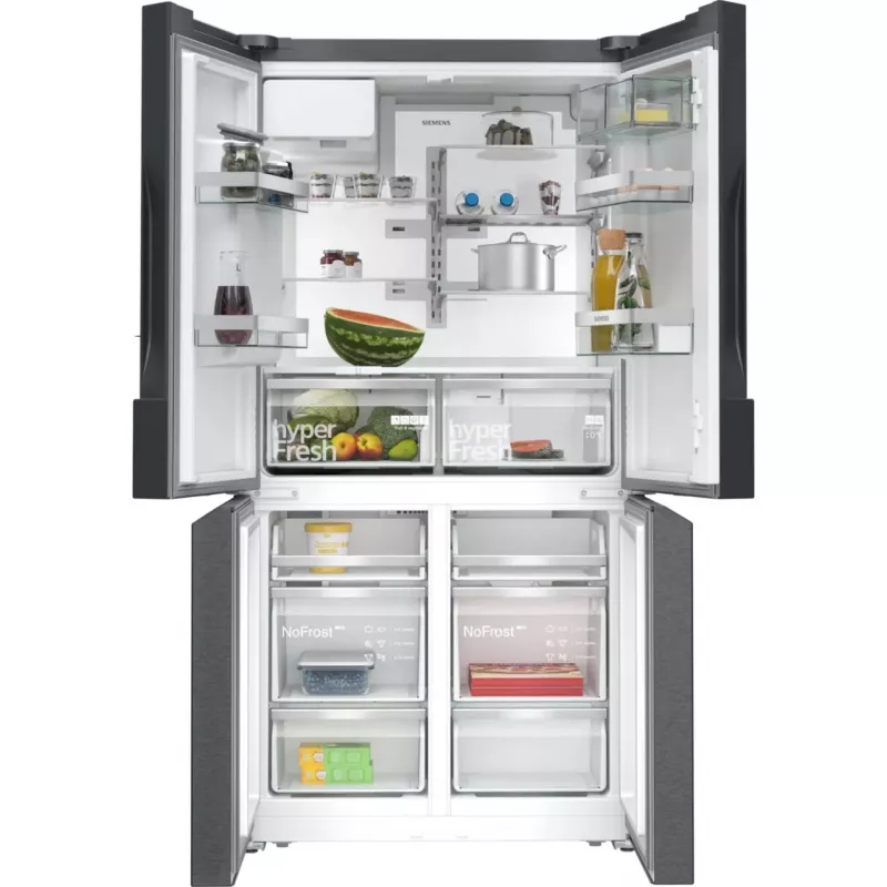 Siemens KF96DPXEA iQ700 French Door Side-by-Side ledusskapis ar ūdens un ledus dozatoru, 183 cm, energoefektivitātes klase E, nerūsējošais tērauds