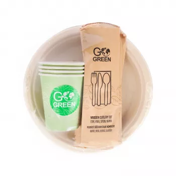 GOGREEN kompostējams piknika trauku komplekts 4 personām, 24 daļas, augu izcelsmes, dabīgi balts