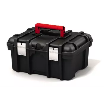 KETER DIY Power Tool Box 16, 41,9 x 32,7 x 20,5 cm, melna ar sarkaniem akcentiem, sakraujama, metāla aizbīdņi, izņemama paplāte