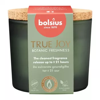 BOLSIUS True Joy smaržīgā svece stikla burkā ar korķa vāku, Botanic Freshness, Ø66 x 83 mm