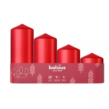 BOLSIUS sveču komplekts cilindrisks 4 gab. Ø120, 100, 80, 60x48mm sarkans
