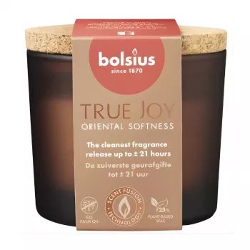 Bolsius True Joy Oriental Softness smaržīgā svece stikla traukā ar korķa vāku, Ø66x83 mm