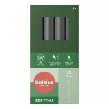 Bolsius galda sveces 8 gab. iepakojumā 170/20 mm pelēkas