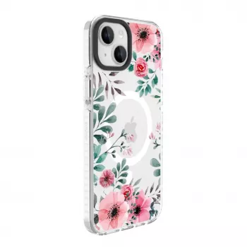 Evelatus iPhone 15 Plus caurspīdīgais MagSafe futrālis ar ziedu apdruku