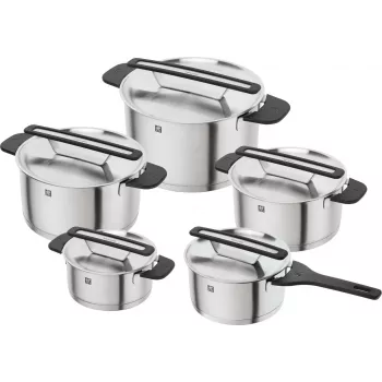 ZWILLING MORE 5 gabalu nerūsējošā tērauda katlu komplekts ar stikla vākiem, indukcijas saderīgs