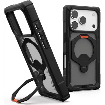 UAG Urban Armor Gear Plasma XTE 360 MagSafe vāciņš ar statīvu Apple iPhone 18 Pro/17 Pro - caurspīdīgi pelēks ar melniem un oranžiem akcentiem 114573114097