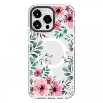Evelatus Apple iPhone 15 Pro Max PC+TPU apvalks ar MagSafe - caurspīdīgs ar ziedu apdruku