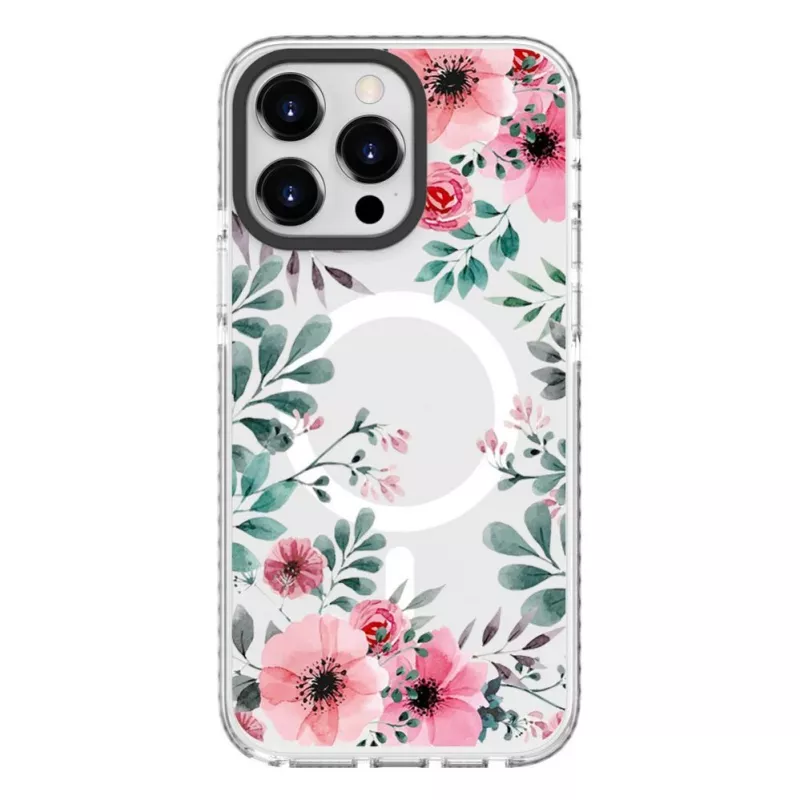 Evelatus Apple iPhone 15 Pro Max PC+TPU apvalks ar MagSafe - caurspīdīgs ar ziedu apdruku