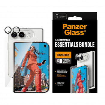 PanzerGlass 2-in-1 Essentials komplekts iPhone 15 Pro Max — ekrāna aizsargstikls un kameras objektīva aizsargs