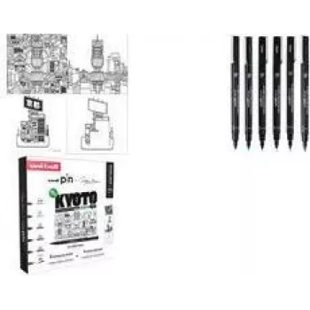 uni-ball PIN Kyoto Fineliner Pen Set, 6 pigmenta tintes pildspalvas (melna, 0,1–Brush), ūdensizturīga CF PIN/6 003