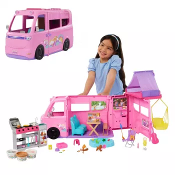 Barbie Dreamhouse Adventures leļļu kemperis ar 7 zonām un 60+ aksesuāriem, rozā