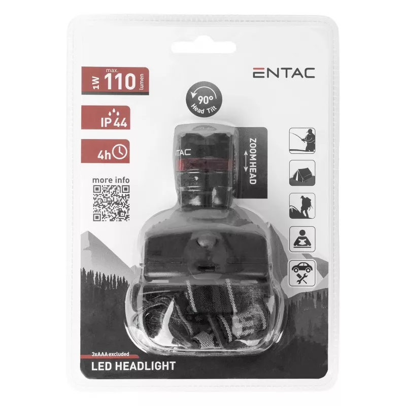 ENTAC EHL-ZOOM-1W-PL Zoom 1W LED galvas lukturis, melns