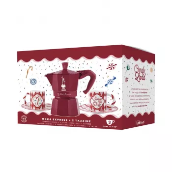 Bialetti Candyland Moka Express 3TZ manuālā kafijas gatavotāja komplekts, 150 ml, sarkans + 2 krūzes