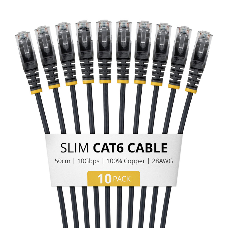 StarTech.com Slim Cat6 U/UTP tīkla kabelis RJ45, 0.5 m, melns, 10 gab.