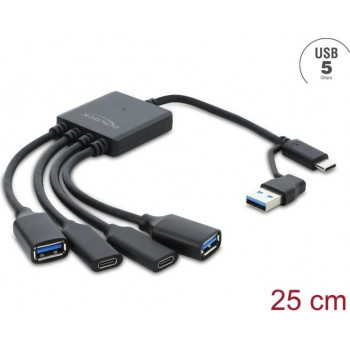 Delock 4 portu USB 5 Gbps kabeļa centrmezgls ar USB Type-C™ vai USB Type-A spraudni uz 2 x USB Type-A ligzdu + 2 x USB Type-C™ ligzdu - 25 cm (64375)