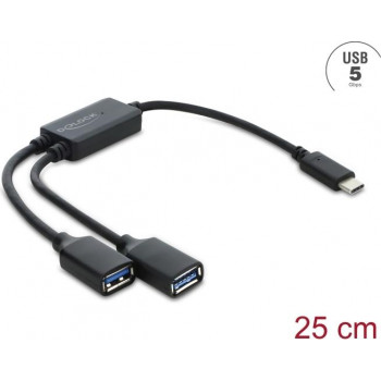 Delock 2 portu USB 5 Gbps Type-A kabeļa centrmezgls ar USB Type-C™ savienotāju, 25 cm (64373)