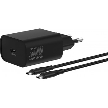 4smarts VoltPlug PD 30W sienas lādētājs, 1x USB-C, ar USB-C kabeli 1,5 m, melns