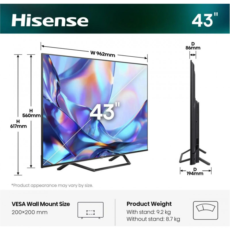 Hisense 43A7S 43 inch QLED 4K VidaaOS 60Hz Dolby Vision IQ 2026 televizors
